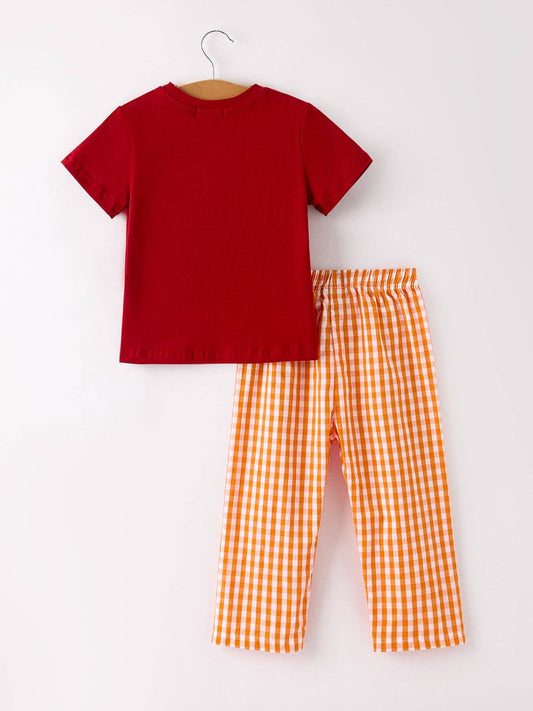 Turkey Embroidered Boy Set – Orange Checkered