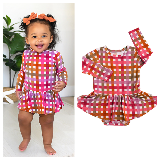 Plaid Bamboo Twirl Dress Onesie