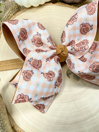 Turkey Print Gingham Bow | Thanksgiving Hair Bow