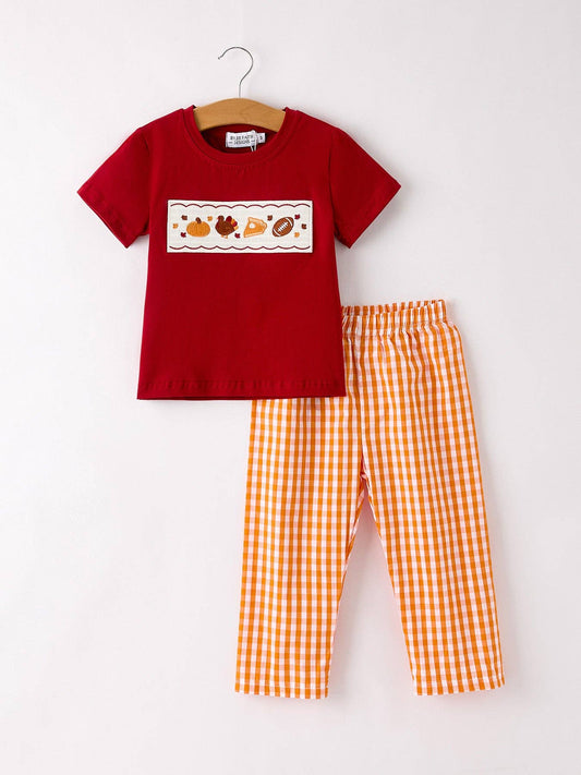 Turkey Embroidered Boy Set – Orange Checkered