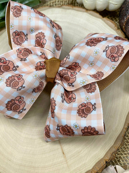 Turkey Print Gingham Bow | Thanksgiving Hair Bow