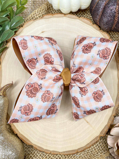 Turkey Print Gingham Bow | Thanksgiving Hair Bow