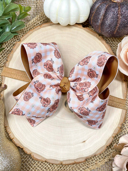Turkey Print Gingham Bow | Thanksgiving Hair Bow