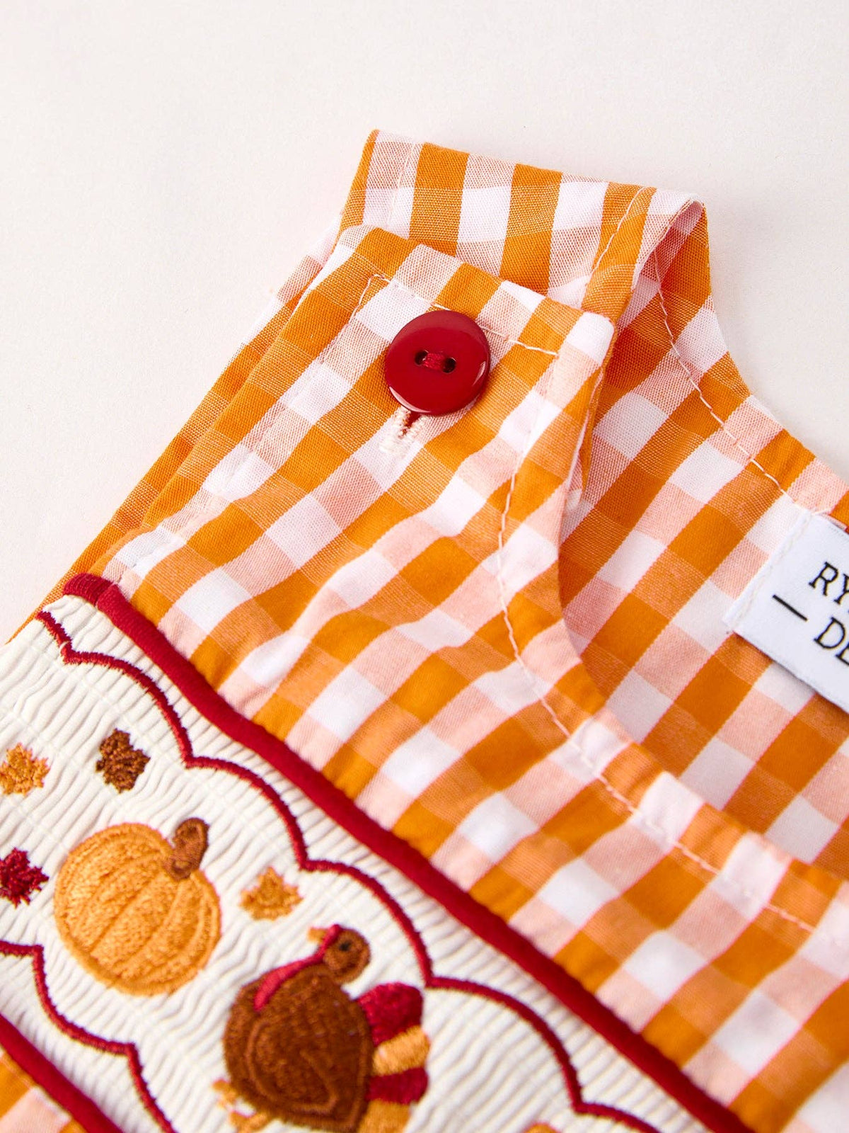 Fall Turkey Embroidered Romper for Baby Boys – Orange Checkered