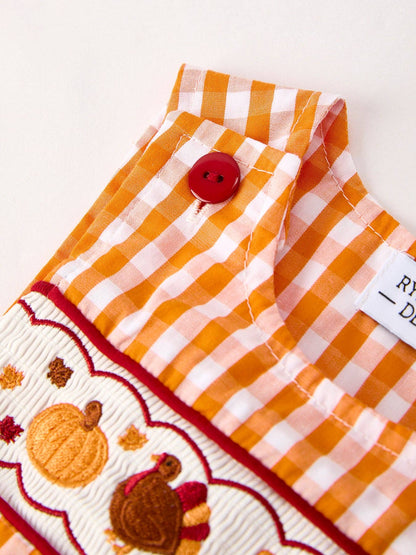 Fall Turkey Embroidered Romper for Baby Boys – Orange Checkered