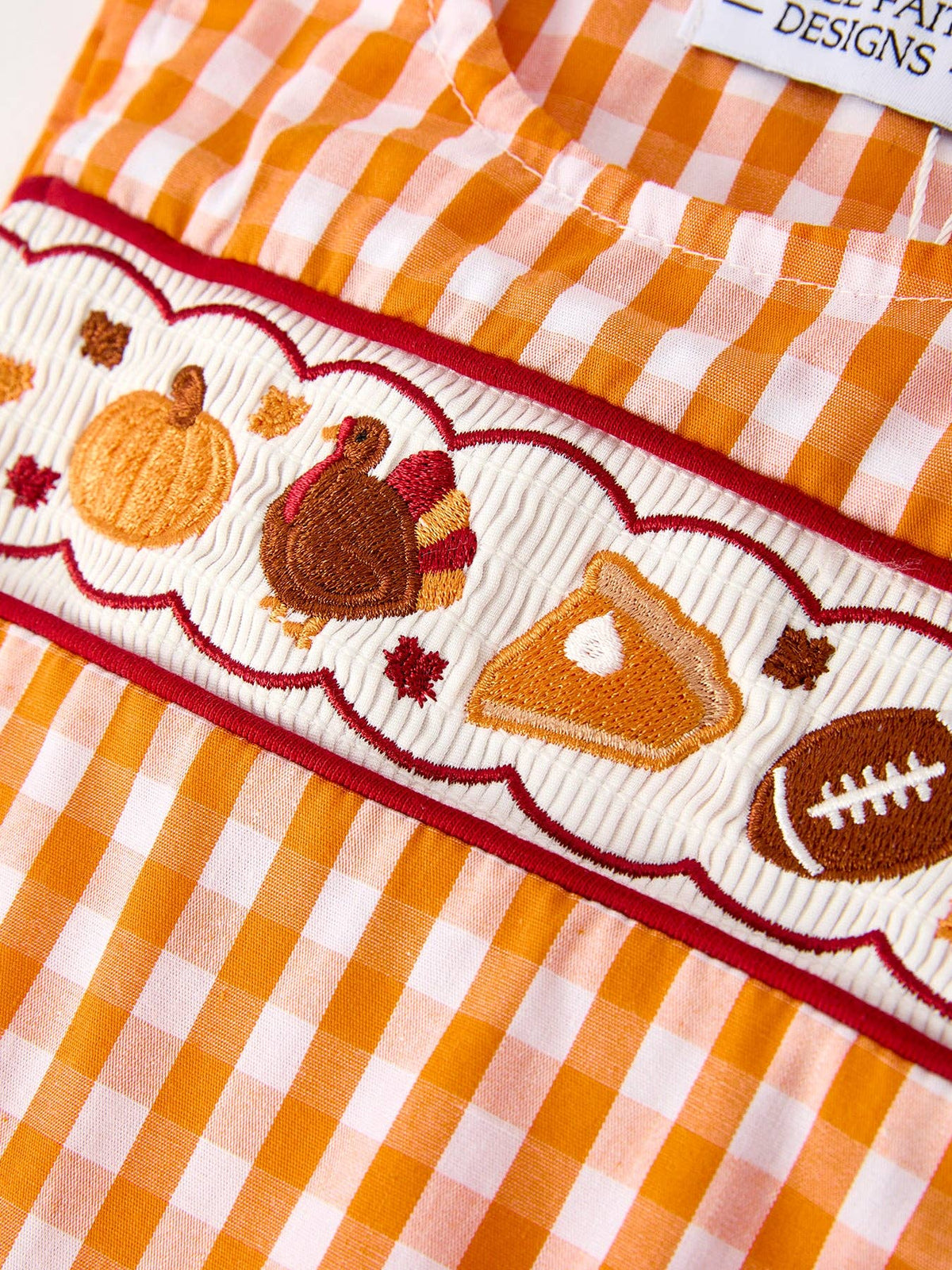 Fall Turkey Embroidered Romper for Baby Boys – Orange Checkered