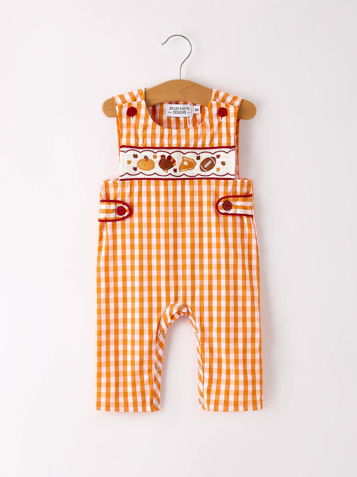 Fall Turkey Embroidered Romper for Baby Boys – Orange Checkered