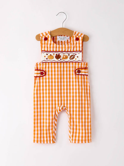 Fall Turkey Embroidered Romper for Baby Boys – Orange Checkered